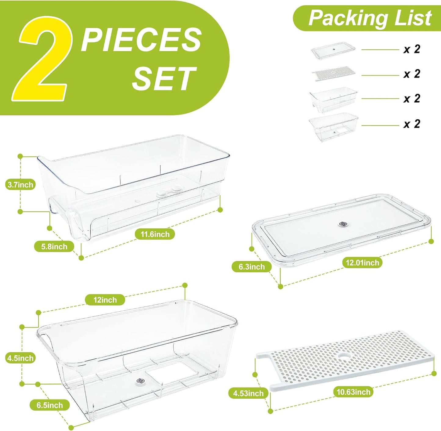 4-Pack Refrigerator Drawer Organizer Bins, Clear Stackable Pull Out Fridge Organizers and Storage Container, with Strainer Layer for Fruits, Vegetables, Drinks, Snack and Food
