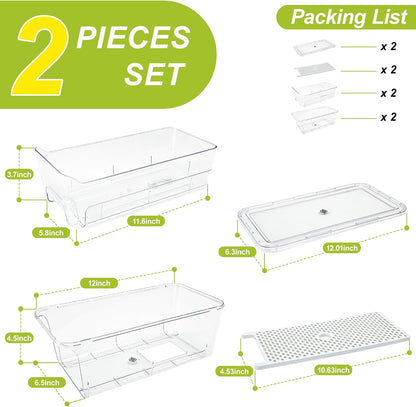 4-Pack Refrigerator Drawer Organizer Bins, Clear Stackable Pull Out Fridge Organizers and Storage Container, with Strainer Layer for Fruits, Vegetables, Drinks, Snack and Food