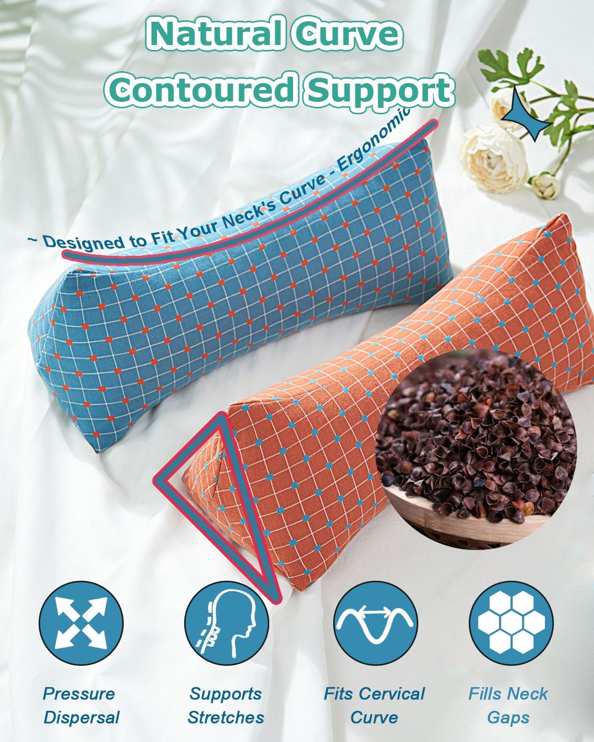 Cervical Buckwheat Neck Roll Pillow for Pain Relief, Firm Neck Support Bolster for Back Sleepers, Washable Cover, Ideal for Office Lunch Break, Blue 15 X 5 Inches