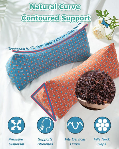 Cervical Buckwheat Neck Roll Pillow for Pain Relief, Firm Neck Support Bolster for Back Sleepers, Washable Cover, Ideal for Office Lunch Break, Blue 15 X 5 Inches