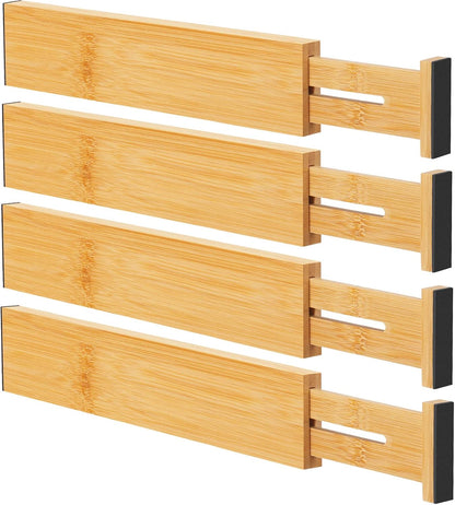 Bamboo Drawer Dividers, Adjustable Drawer Organizers, Fits 12.6–16" Drawers | 2.5" High, 4 Pack Expandable Drawer Separators for Kitchen, Nursery, Dressers & Office Storage, Natural