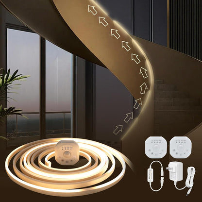 Motion Sensor LED Strip Lights - Chasing Effect Auto ON/Off for Stairs, Bedroom, Under Cabinet - 16.4ft White, Intelligent Motion Sensor Stair Lights