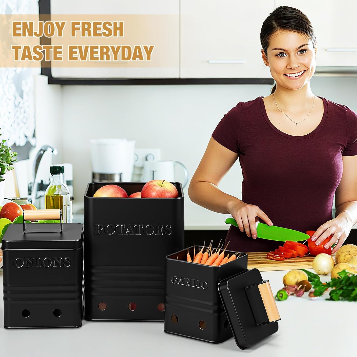 3 Pcs Potato Onion Garlic Storage Bin Metal Vegetable Keeper Container with Lid Aerating Hole Farmhouse Style for Kitchen Counter Pantry Sweet-potato Carrot Fruit Keep Fresh Longer (White)