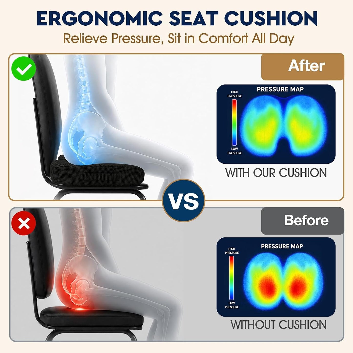 TushGuard Office/ Car Seat Cushion, Non-Slip Sciatica & Back Coccyx Tailbone Pain Relief Chair Pad, Memory Foam Butt Pillow for Computer Desk, Wheelchair, Driving (Black)