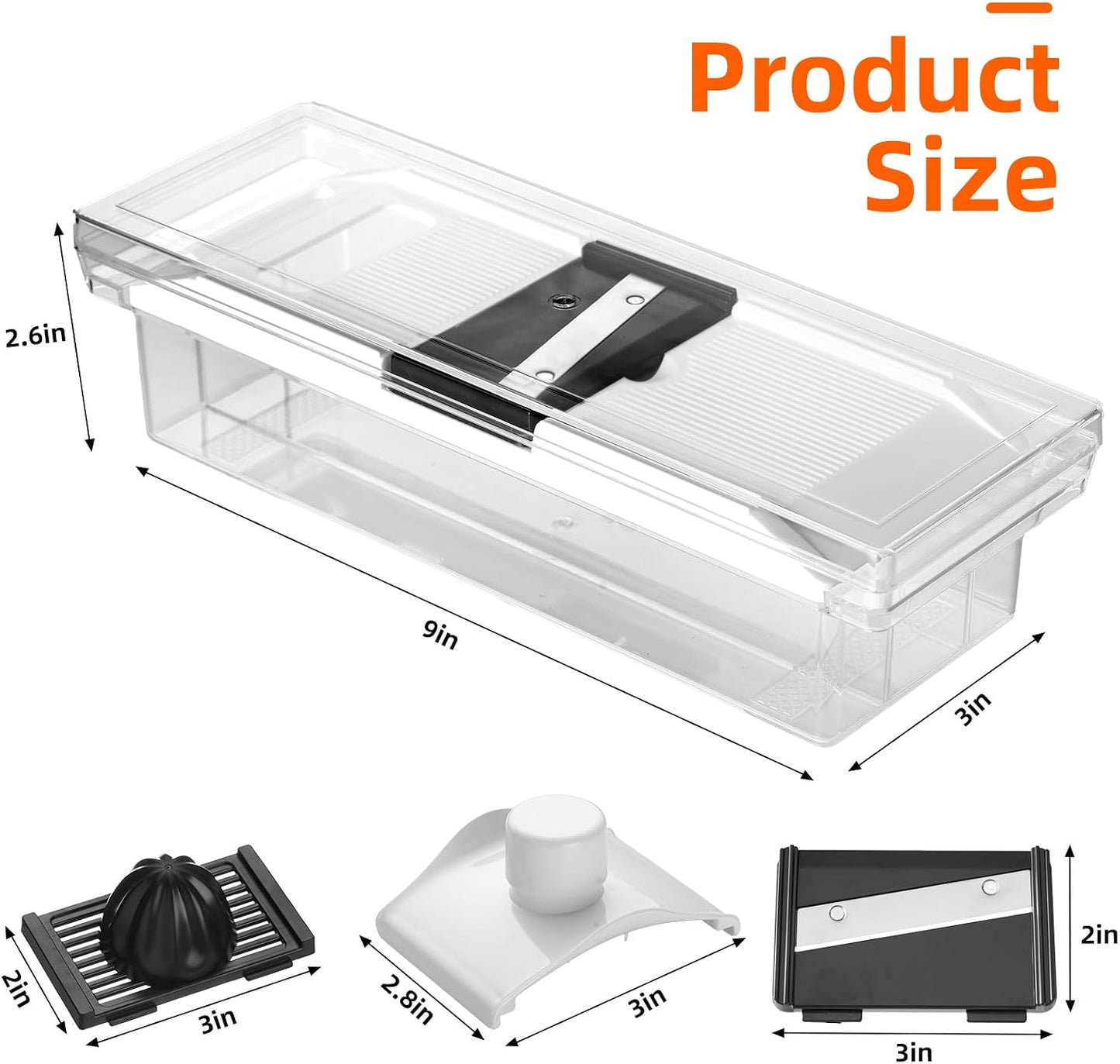 Mandoline Vegetable Slicer with Container, 4 Blades and Juicer | 4 Interchangeable Blades,Large Clear Catch Container,Safety Food Holder,Citrus Juicer Attachment,BPA and PFAS Free Material