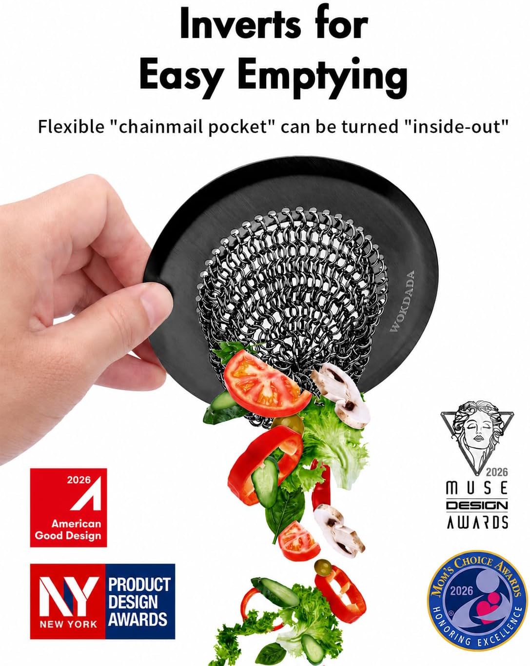 Upgraded Sink Drain Strainer, Patented Reversible Chain Mail Mesh | Anti-Slip Ring, Fast Drainage, Reversible Flip Clean, Rust-Proof, Universal 4.4-Inch, Large Capacity, Garbage Disposal Fit