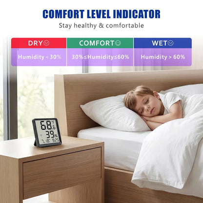 Room Hygrometer Indoor Thermometer for Home, Black | Small Digital Temperature Humidity, Comfort Indicator, Digital Clock & Calendar, Desktop Humidity Meter, Compact Size