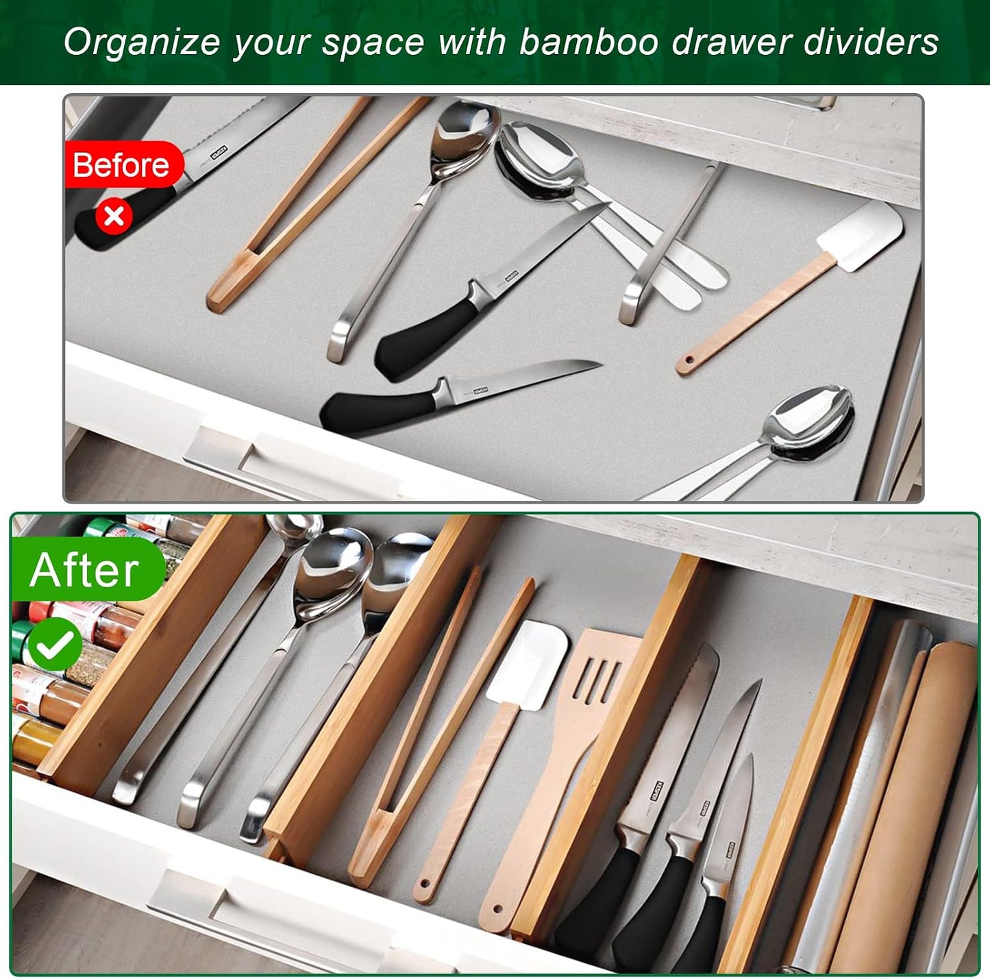 4 Pack Bamboo Drawer Dividers Organizer with Inserts 2.6'' High | Expandable from 12.5-21.7", Adjustable Drawer Organizer Separators for Utensils, Clothing, Office, Dresser, Bedroom, (Beige)