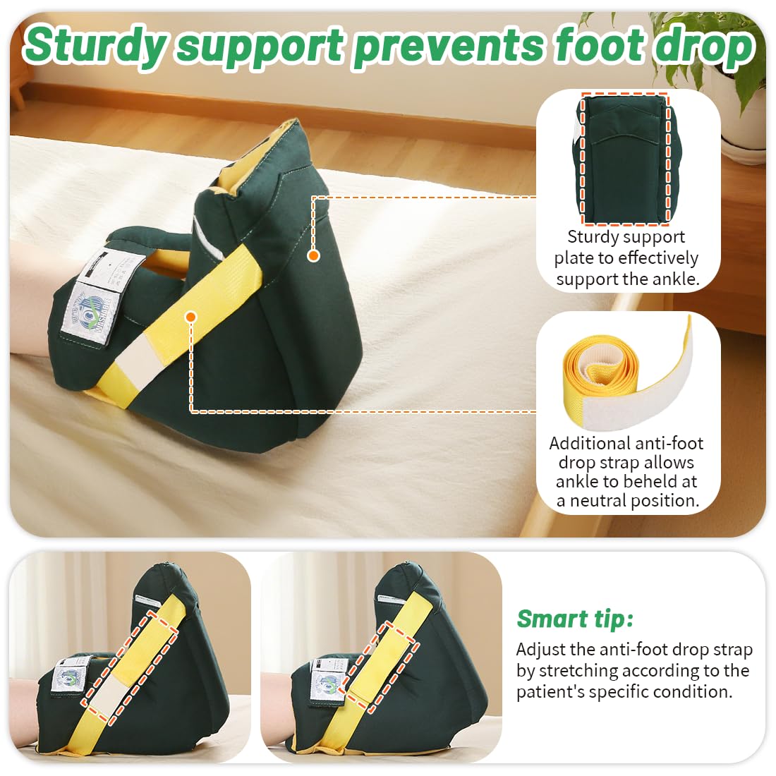 Foot Drop Heel Protector – Ankle Support for Bed Sores, Pressure Relief & Diabetic Care – Adjustable Straps, Breathable, Machine Washable (Dark green, Free Size)