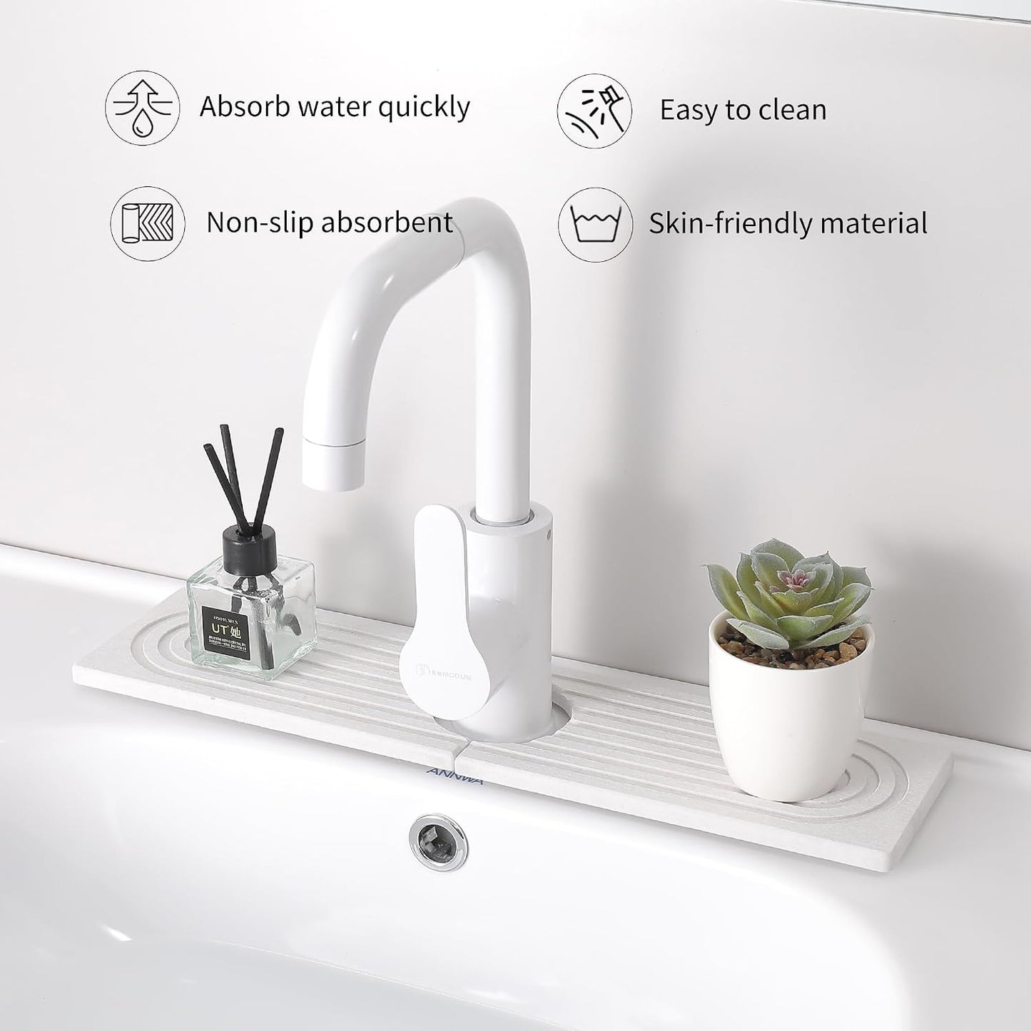 Diatomite Faucet Mat for Kitchen Sink, Quick-Dry Stone-Like Sink Mat, Flat Lay Absorbent Countertop Drying Mat for Faucet Area, Hard Diatomite Mat, Gray, 23.6 x 4 in