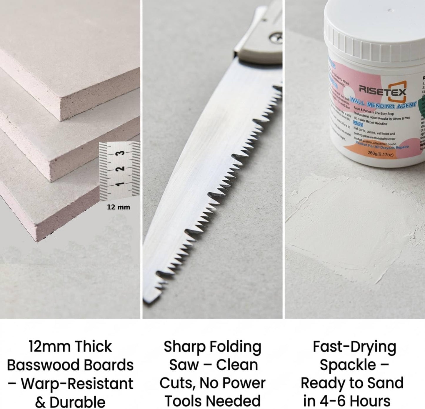 Drywall Repair Kit，34 Pcs 12x12inch Wall Patch Kit with Saw& Wood Boards | Drywall Patch Kit for Large Holes，Sheetrock Repair Kit for Cracks, Dents&Nail Holes-Quick & Easy Wall Surface Repair Solution