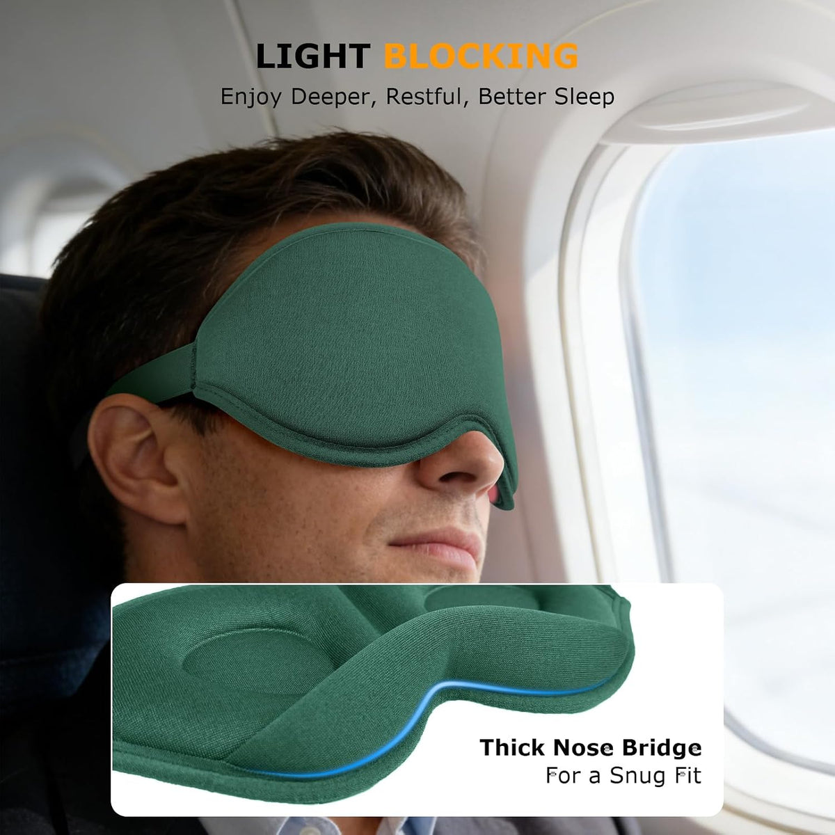 Sleep Mask for Side Sleepers, 3D Contoured Eye Mask with Thickened Padded Nose Bridge for Total Light Blockout, Relaxing Sleeping Mask with Adjustable Strap for Nap, Travel, Hotel, Yoga,Green