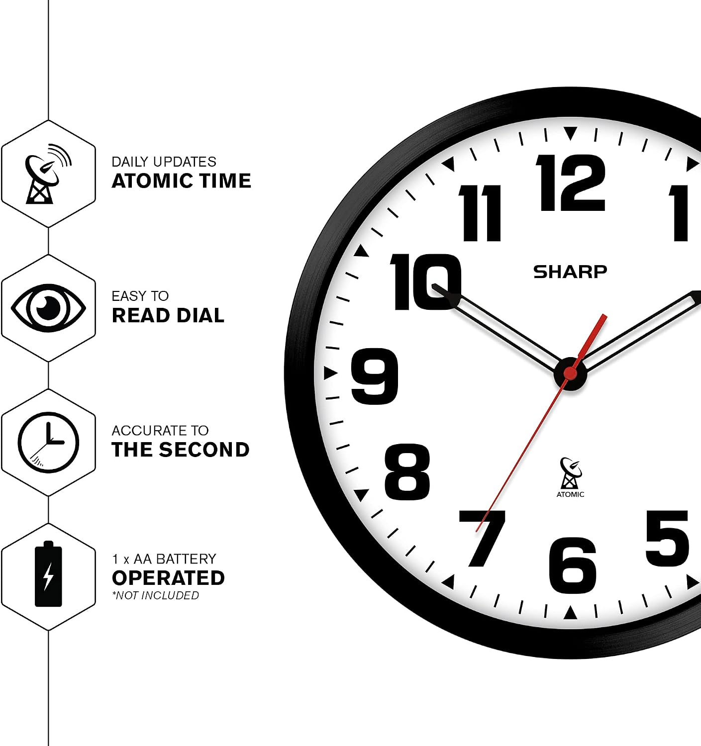 Sharp 12-Inch Atomic Wall Clock, Battery Operated, White with Black Frame | Self-setting atomic time; Easy-read analog face; Automatic time adjustment; Simple setup; Versatile home or office style