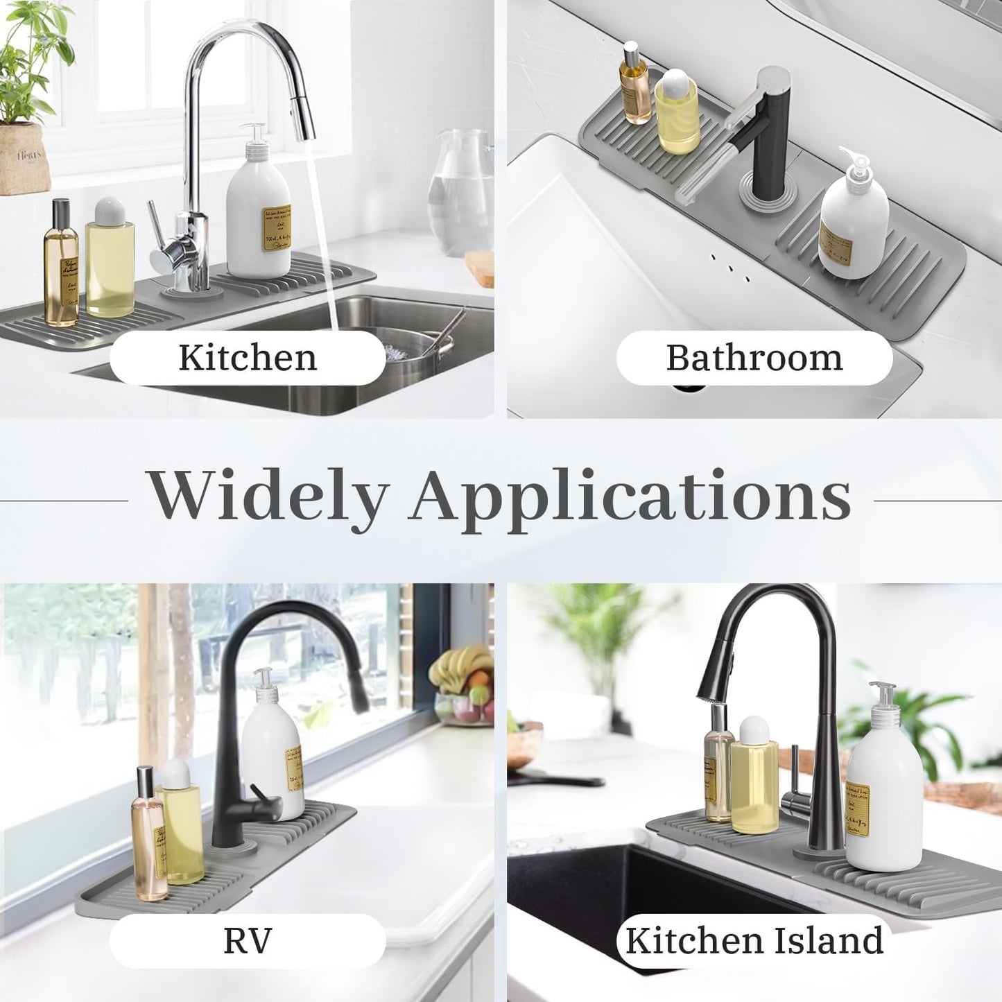 PoYang 23.6 Inch Silicone Sink Splash Guard, Kitchen Sink Mat, Light Grey | Faucet Mat with Wide Drainage & Cuttable Hole, Keeps Faucet Base Dry, Long & Short Sink Protectors for Kitchen, Bathroom & RV