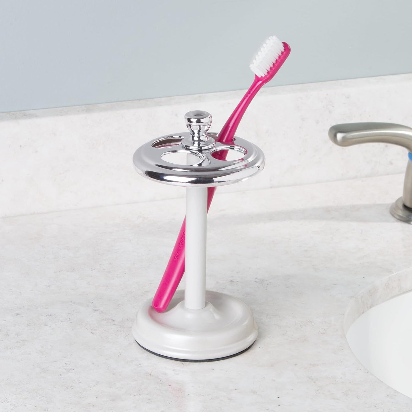 iDesign Steel Divided Toothbrush Holder Stand, 3.25" x 3.25" x 5.75" | Four Divided Compartments, Brushed Nickel & Polished Chrome