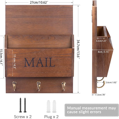DLQuarts Solid Wood Mail Organizer with Key Holder for Wall, Mail Sorter Wall Mounted, Decorative Wooden Key and Mail Holder with 3 Hooks, White