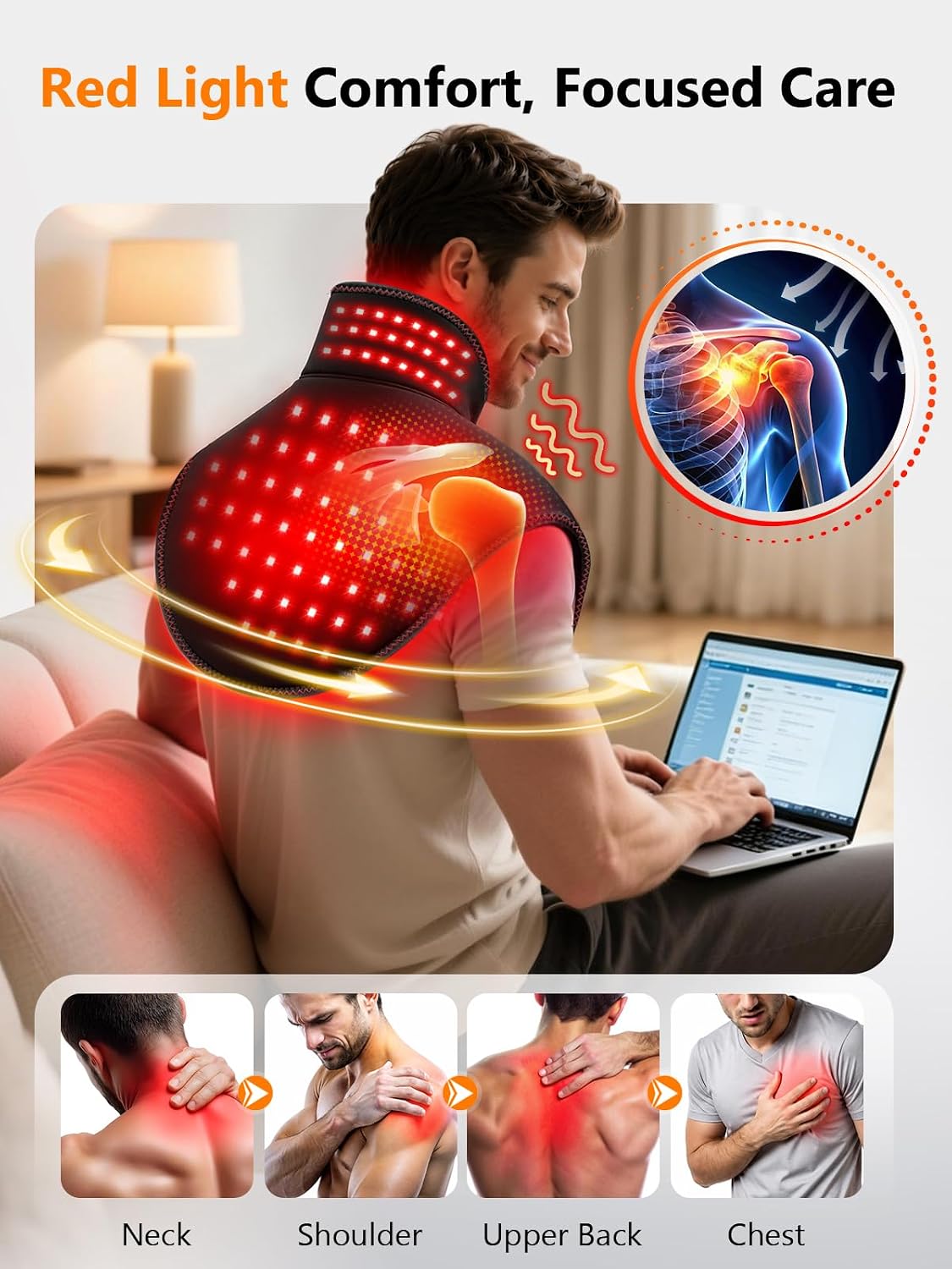 Red Light Therapy for Neck Shoulder 118 LEDs with Heat & Vibration | Infrared Light Pad with 354 Beads 660nm & 850nm, 5000mAh Cord-Free Controller, for Upper Back, Shoulder, Neck, Black
