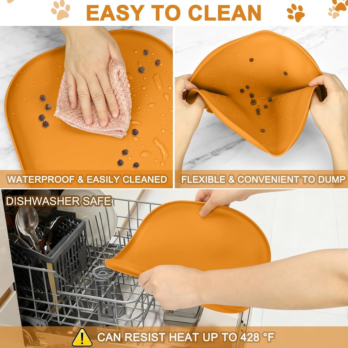 SMILOOL Waterproof Silicone Pet Food Mat with Raised Edge for Dog & Cat | 19" x 12" Non-Slip Pet Feeding Mats with Lip for Food & Water Bowl, Food Grade, Easy Cleaning, Black