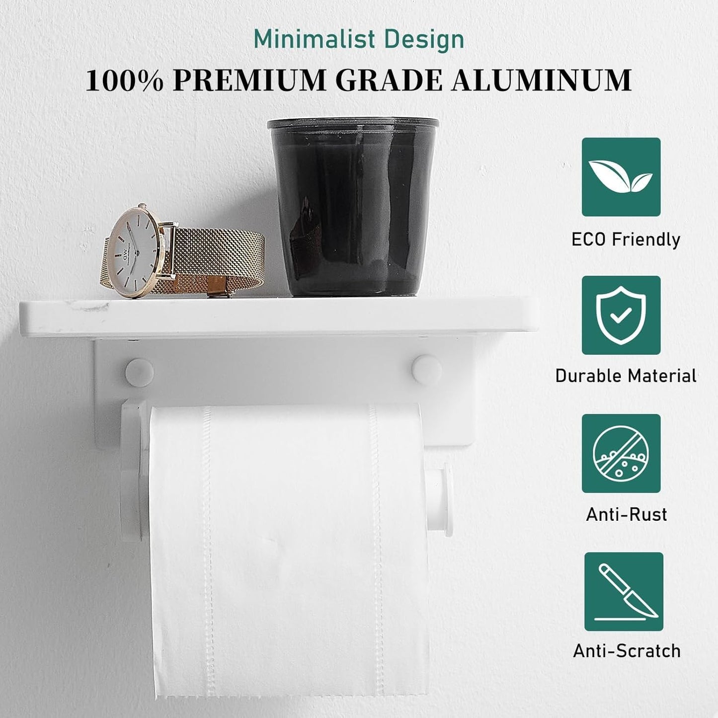 Hoimpro Toilet Paper Holder Wall Mounted, Marble Tissue Roll Rack | Brushed Gold | White Natural Marble Shelf Hand Paper Roll Holder, for Bathroom Kitchen Washroom Bedroom Aluminum