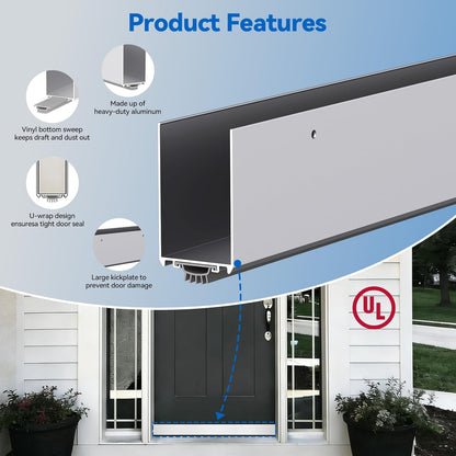 36" Metal Door Sweep with Kick Plate for 1-3/4" Thick Standard Exterior Doors, Aluminum and Vinyl U-Shape Screw-on Draft Stopper for Bottom, Blocks Dust, Insects & Drafts Saves Energy(Black)
