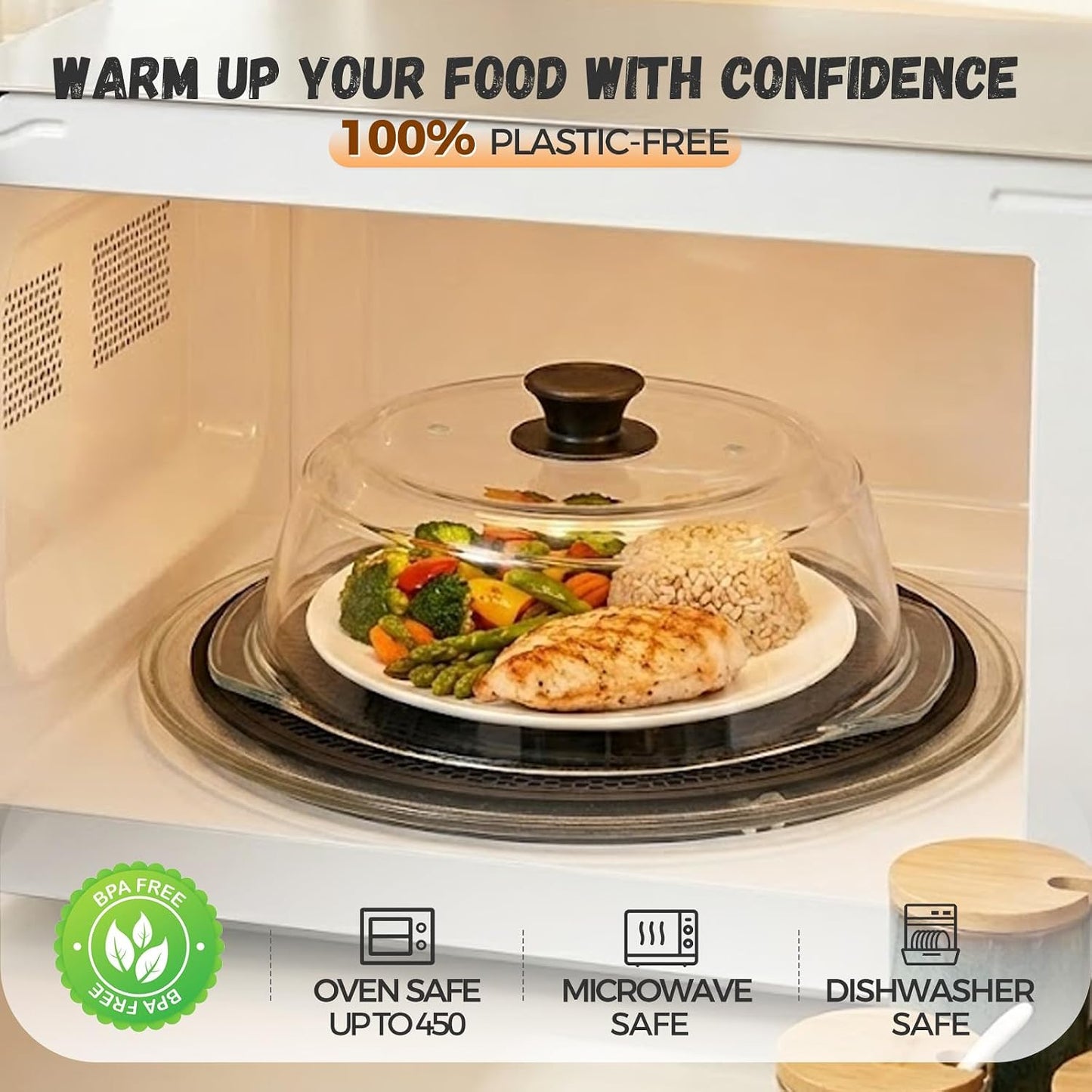 Glass Microwave Splatter Cover for Food with Silicone Trivet | Sturdy Glass Plate Guard Lid with Vent Holes & Easy-Grip Knob - BPA Free, Dishwasher Safe - 9.5inch, Includes Oven Mitt