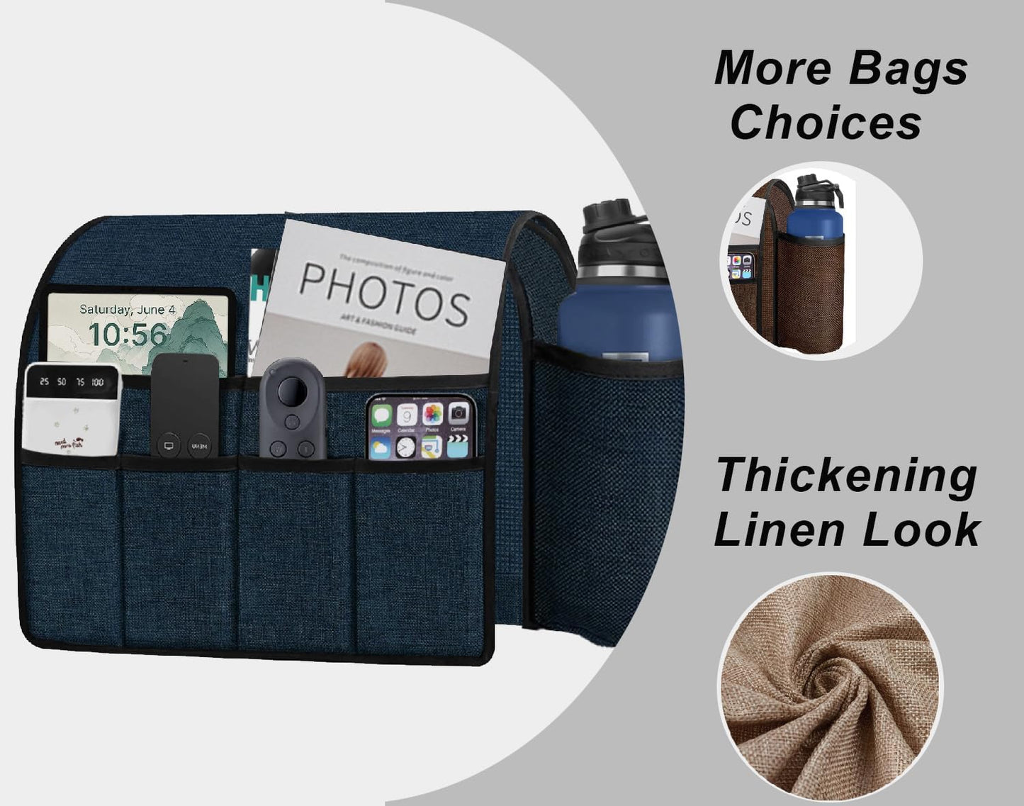 Ntomtuex Sofa Armchair Caddy Remote Control Holder with Water Bottle for Couch Recliner, Armrest Organizer with 7-Pocket Design for Magazines, Eyeglasses, iPad, Phone, Dark Grey
