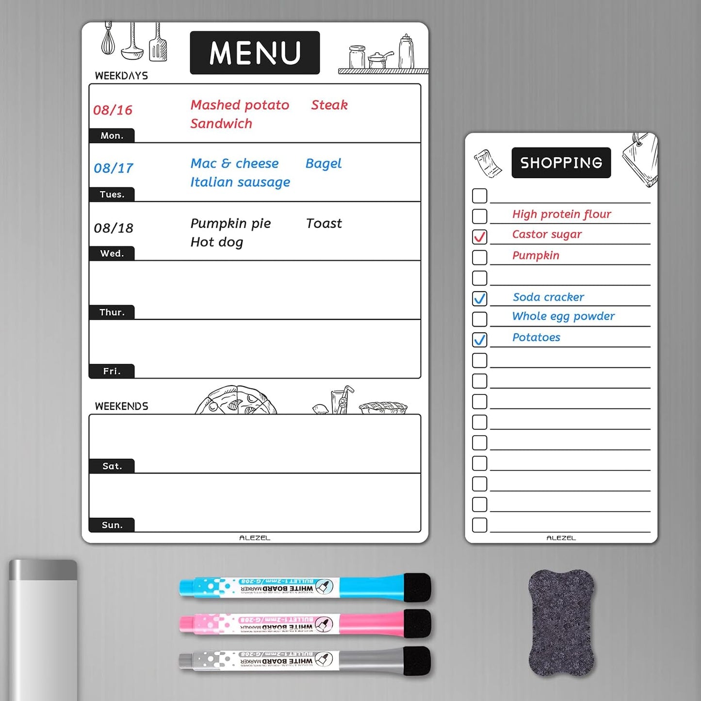 ALEZEL Magnetic Dry Erase Menu Board for Fridge | Set of Weekly Meal Planner Whiteboard for Kitchen Refrigerator, 1 Grocery List Board, 3 Markers + Eraser