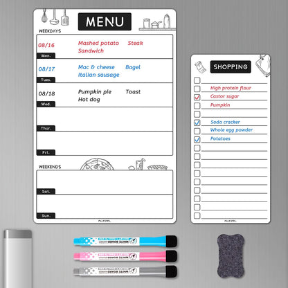 ALEZEL Magnetic Dry Erase Menu Board for Fridge | Set of Weekly Meal Planner Whiteboard for Kitchen Refrigerator, 1 Grocery List Board, 3 Markers + Eraser
