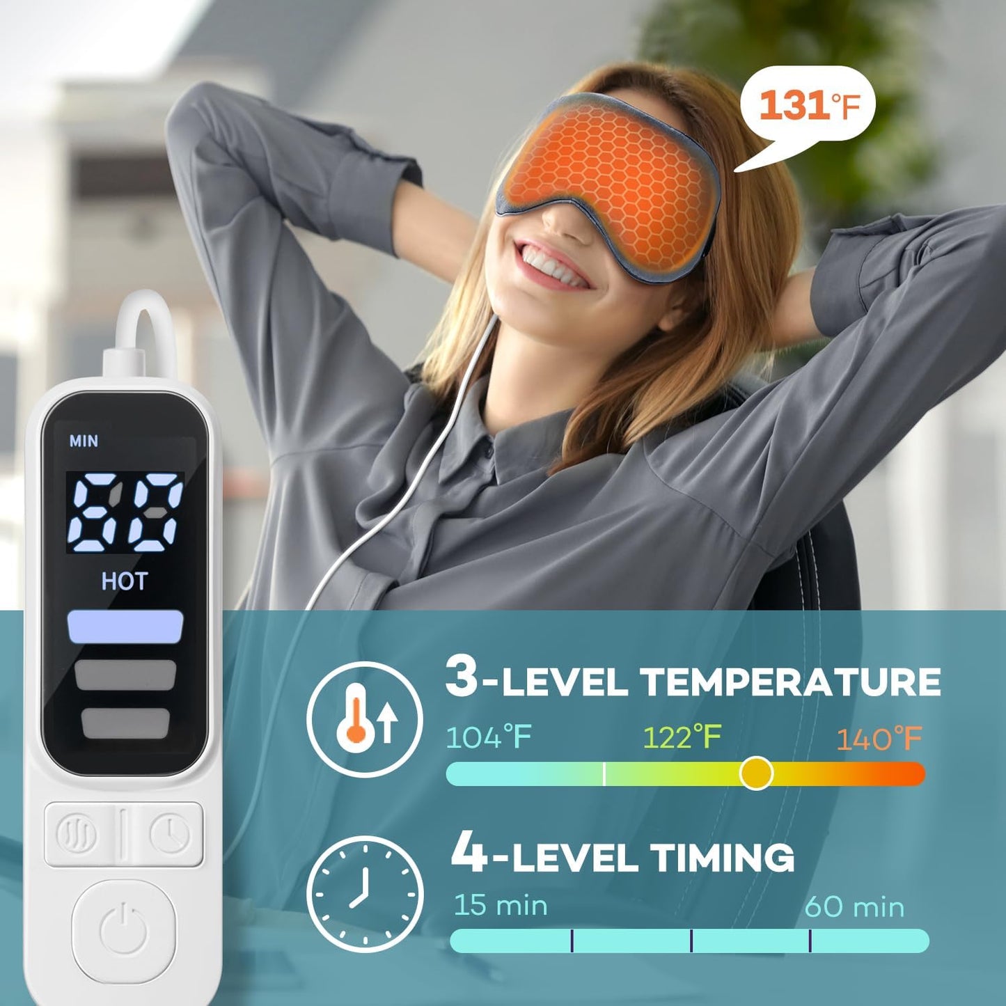 Ezona Heated Eye Mask, Warm Eye Compress Mask for Dry Eyes, Gray | USB Electric Eye Heating Pad, Temperature & Timer Control, Blepharitis, Sinus, Migraine, Stye, MGD Puffiness