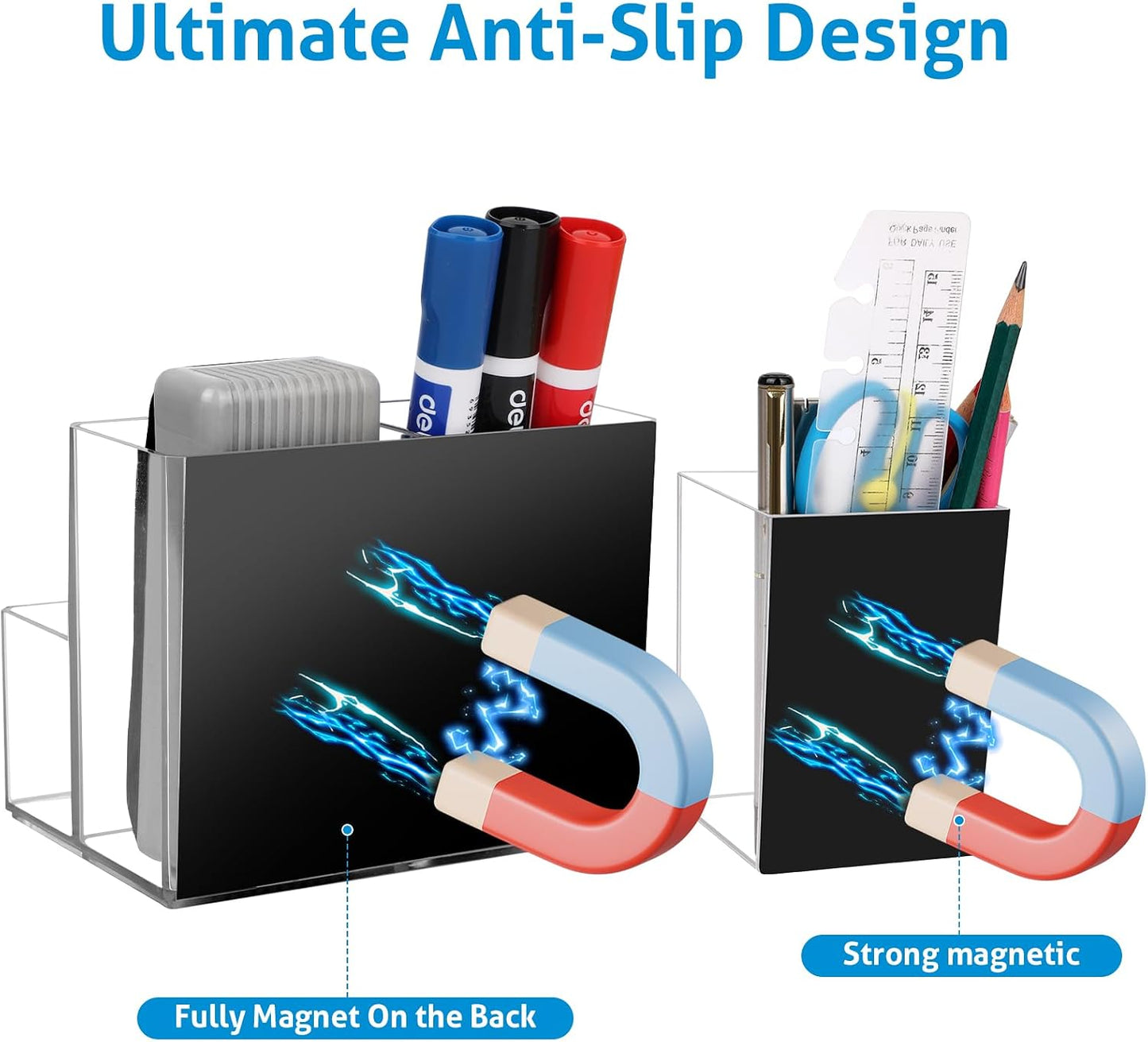 Comkrivy 2 Pack Acrylic Dry Erase Marker Holder with Full Magnet Back and 4 Compartments, Magnetic Pencil Cup Locker Organizer for Refrigerator Whiteboard Office School