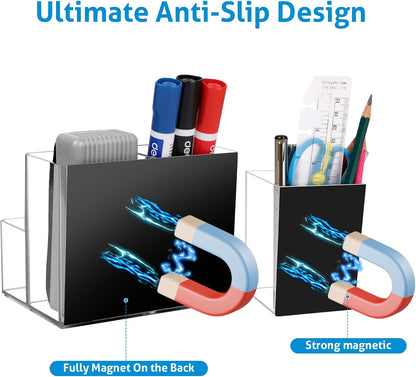 Comkrivy 2 Pack Acrylic Dry Erase Marker Holder with Full Magnet Back and 4 Compartments, Magnetic Pencil Cup Locker Organizer for Refrigerator Whiteboard Office School