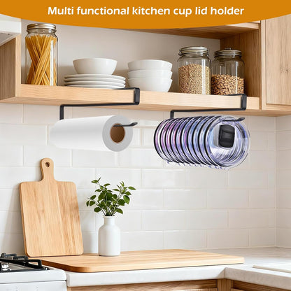 LWGFIO 2 Pack Tumbler Lid Organizer, Under Cabinet Cup Lid Holder, Black | Iron racks, 10.24-inch length, slide onto shelves, no drilling or adhesive, space-saving kitchen storage inside cabinets