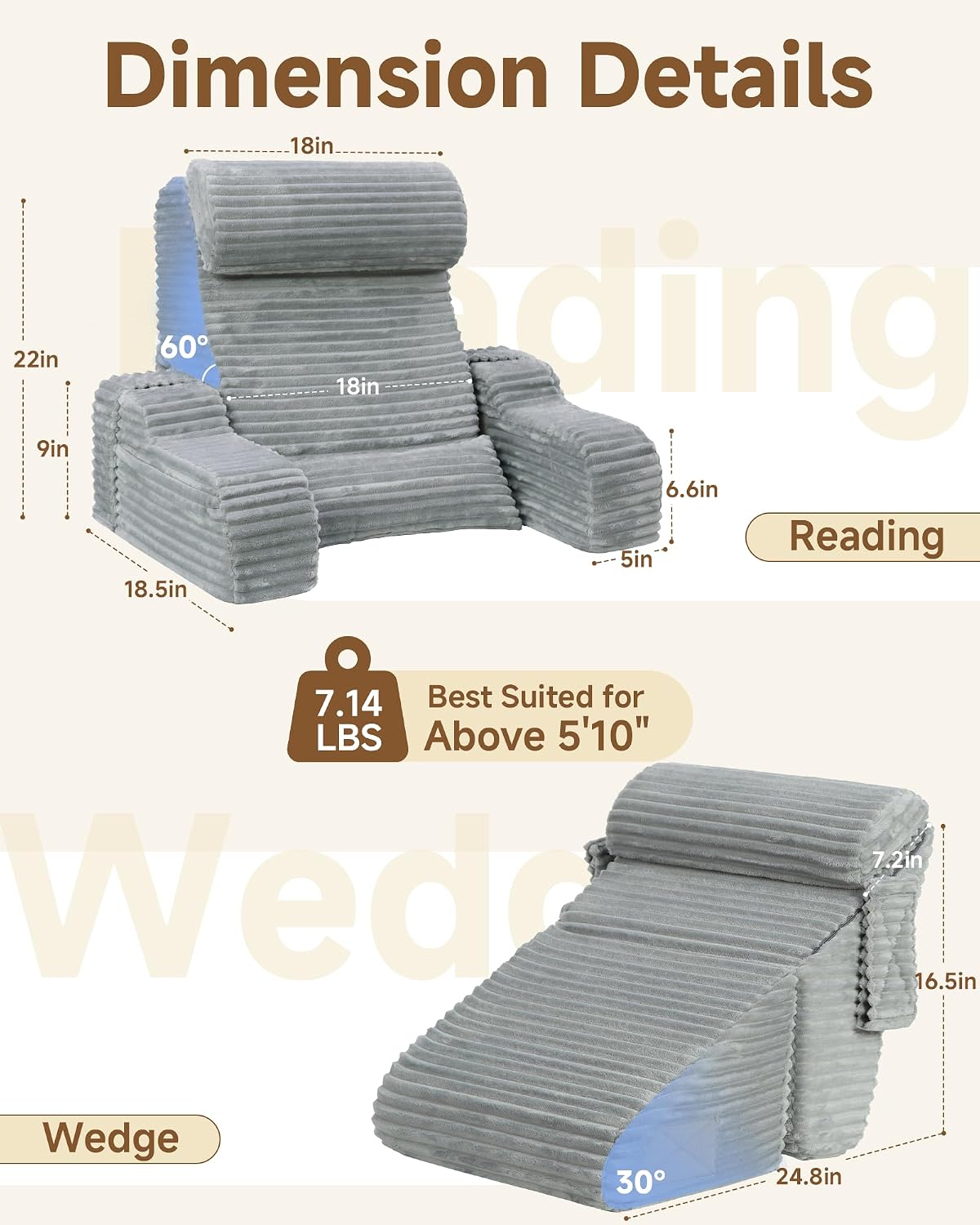 Foldable 5PCS Reading Pillow for Bed, Grey, 19” | 2 in 1 Bed Pillow for Sitting Up, Back Pillow with Arms, Wedge Pillow for Watching TV, Reading, Gaming, Post Surgery, Nursing