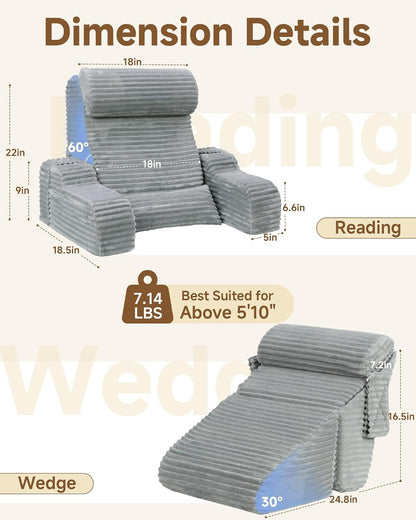 Foldable 5PCS Reading Pillow for Bed, Grey, 19” | 2 in 1 Bed Pillow for Sitting Up, Back Pillow with Arms, Wedge Pillow for Watching TV, Reading, Gaming, Post Surgery, Nursing