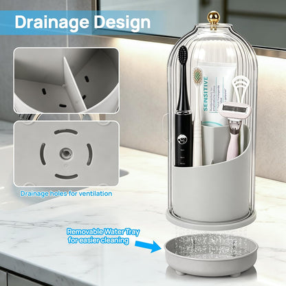 Toothbrush Holders with Cover Toothpaste Organizer for Bathroom, White | 360° Rotating, Dustproof Sliding Lid, Drainage Holes, Waterproof, for Kids Electric Toothbrush Makeup Brush Storage