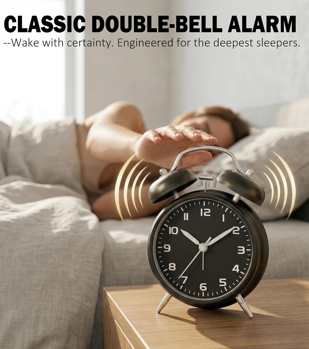 4.5" Metal Loud Alarm Clock for Heavy Sleepers Adults, Analog Battery Operated Alarm Clock with Bells Glow in Dark Numbers, Silent Old School Bedside Desk Clock for Bedroom Office Kids, Black