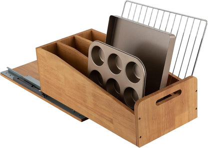 DINDON Pull Out Cabinet Organizer for Pans, Pot lid, Cookie Sheet, Cutting Board, Baking Tray, Slide Out Kitchen Cabinet Storage Organizer, 10.5''W X 21"D X 10.6"H, Wood
