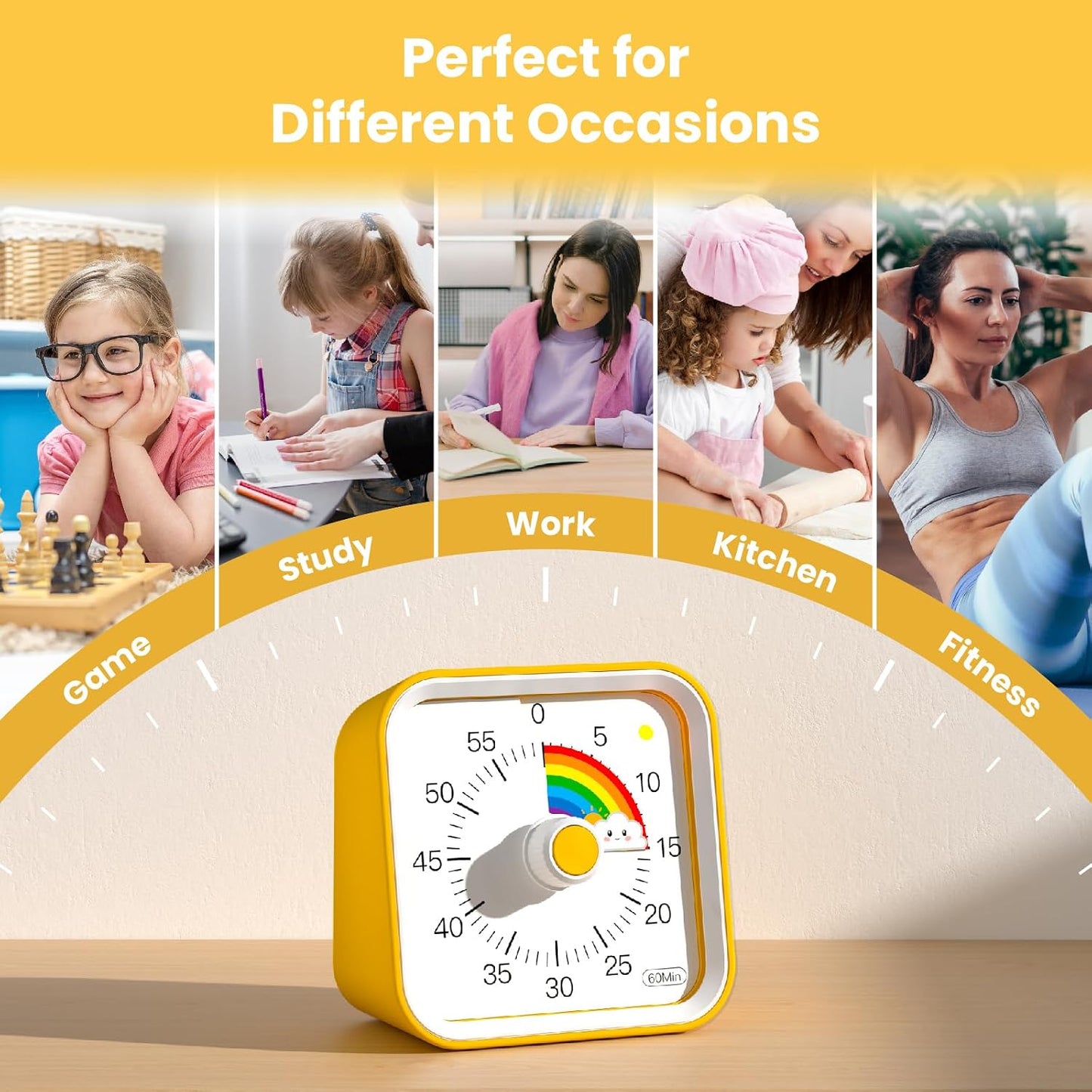 Visual Timer for Kids, Countdown Timer with Pause Function, White | Timer for Kitchen Cooking, Classroom, Study, Toddler, ADHD, Cute Timer Clock, Alarm 3 Volume Levels, Light Indicator