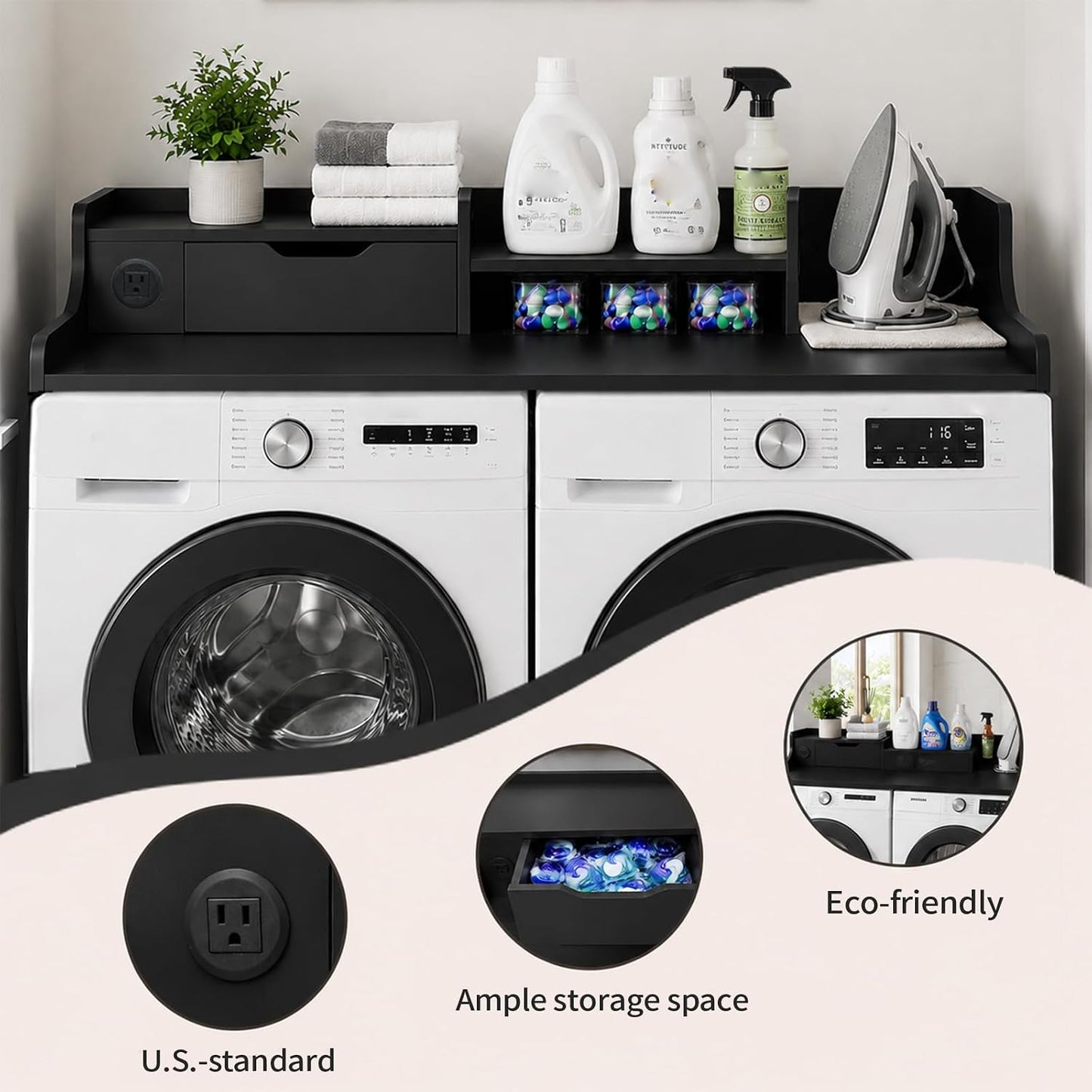 Washer and Dryer Countertop with Power Outlet & Storage Drawer, 54 Inch Laundry Tabletop Over Washing Machine, Clothes Folding & Ironing Station, Laundry Room Organizer with Non-Slip Pads