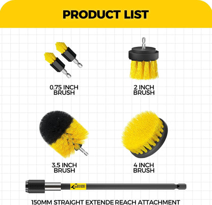 Holikme 6Pc Drill Brush Set - Soft Bristles with Extension for Home Clean | 5 Head Sizes, Yellow Nylon Fibers, Power Scrubber Attachments for Tile, Tub, Shower, Floors, Kitchen and Auto Interior Care