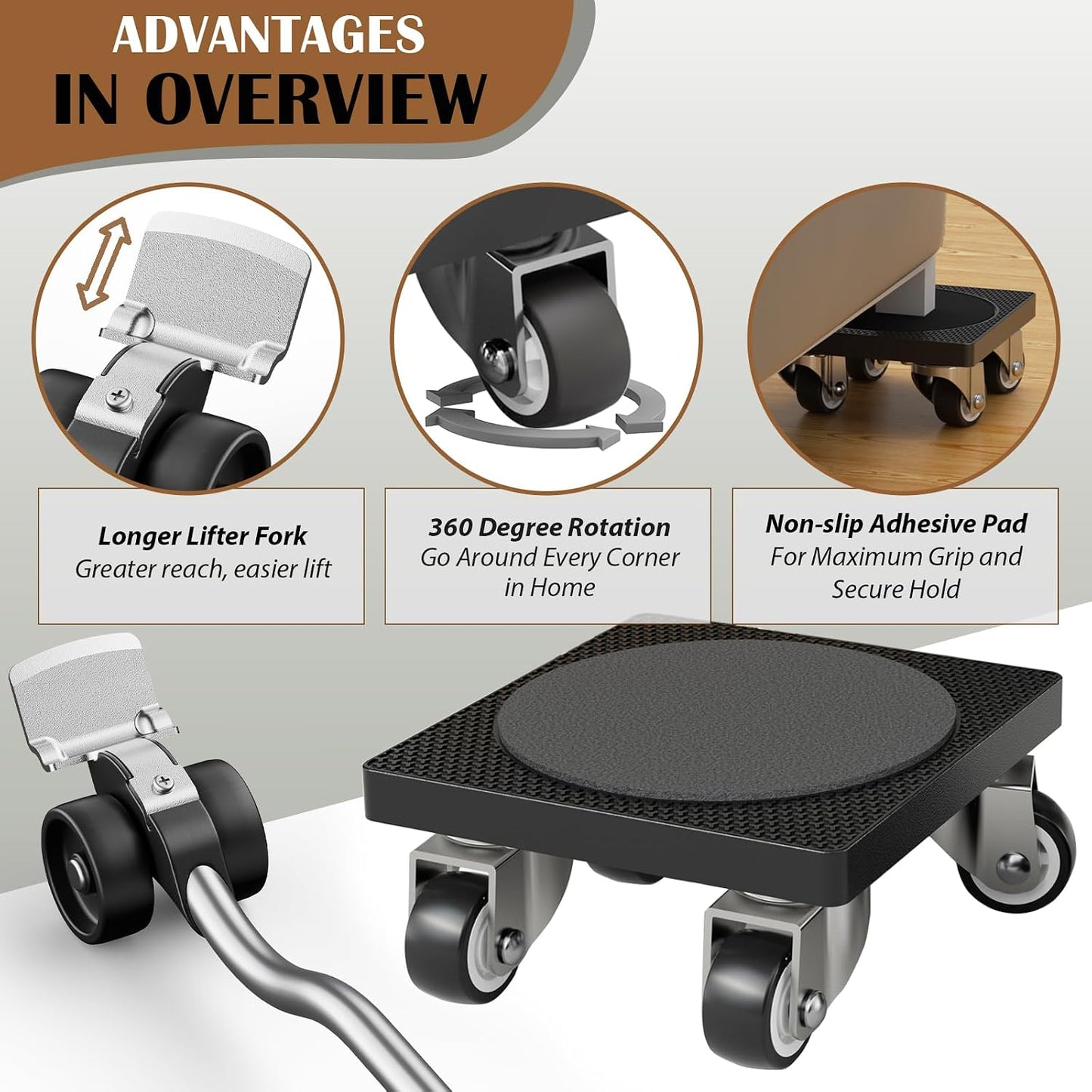 ONEON Furniture Mover with Wheels, 360° Rotation Wheels Furniture Dolly for Moving Heavy Furniture, Appliances, 660 LB Max Load Capacity with Auxiliary Lifter - Connect Dolly