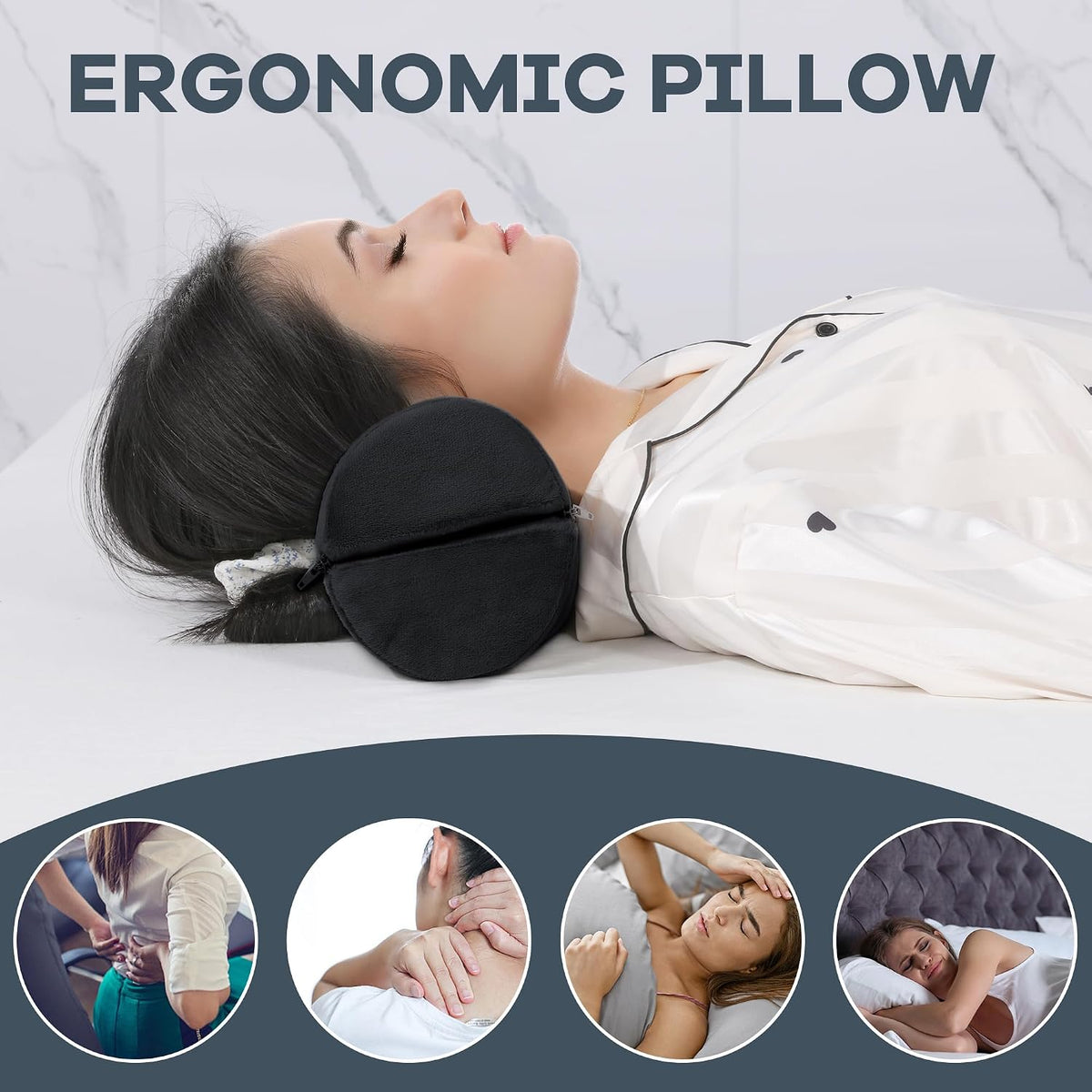 ROYALAY Neck Pillow for Sleeping Round Roll Pillow Including 2 Pack Half Moon Cervical Pillow, Foam Roll Pillow for Pain Reduce, Washable Bolster Pillow for Head Neck Back and Legs, Black