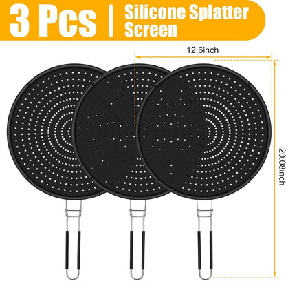 Tioncy 3 Pcs 12.6 Inch Silicone Splatter Screen for Frying Pan Grease Splatter Collapsible Guard Heat Resistant Multi Use for Baking and Cooking(Black)