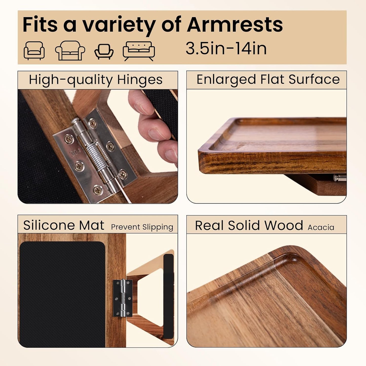Acacia Wood Couch Arm Tray，Folding Sofa Armrest Table | Clip-On Couch Desk,Foldable, Non-slip,No Assembly，for Drinks Snacks Phone，Remote Control