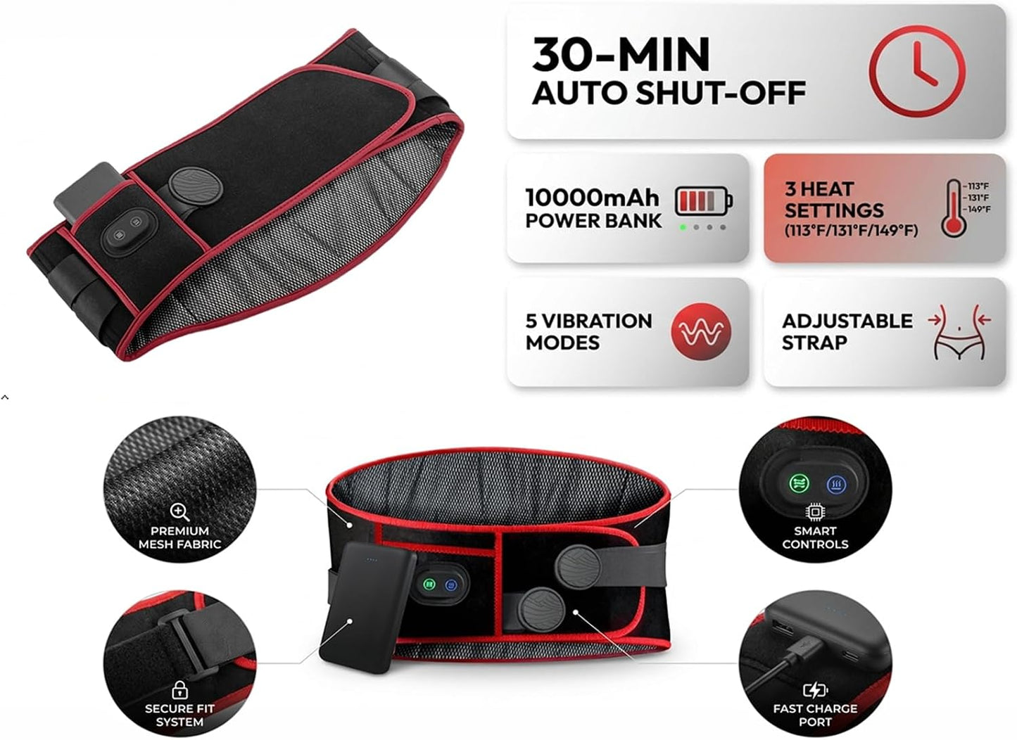 F&G Cordless Heating Massage Belt,Heating Pad for Back with 3 Heat 5 Vibration,10,000mAh Battery,Relieve Back Pain and Cramps,Portable Lower Back Massager,Gifts for Women Men Mom Dad