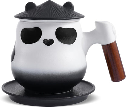 ZENS Tea Infuser Mug with Lid for Loose Leaf Tea Steeper, 11oz Panda | Embossed Ceramic Tea Infuser Mug with Fine Strainer for Herbal Tea Lovers Gifts, Nature Wood Handle