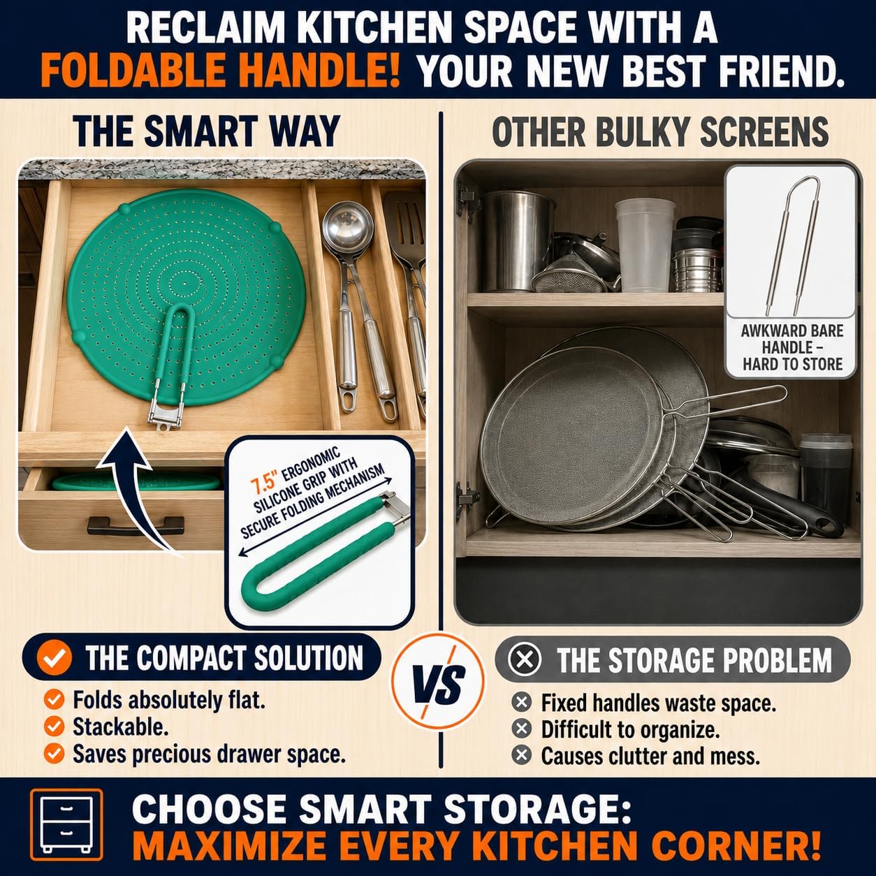 Silicone Splatter Screen for Frying Pan, 13” Navy – Grease & Oil Splatter Guard, Heat Resistant, Dishwasher Safe, Foldable Handle with Sleeves – Splash Guard Fits 10–12” Pans, Most 13” Skillets