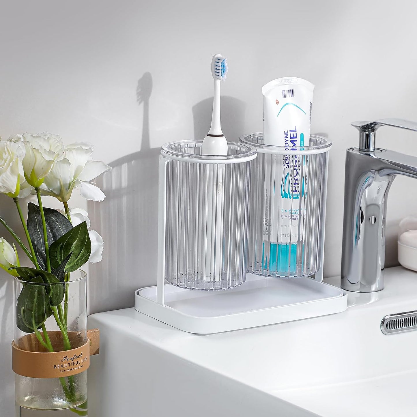Toothbrush Holders with Drain Tray, Hanging Toothbrush and Toothpaste Holder Organizer Bathroom Caddy Countertop for Toothpaste, Razors, Electric Toothbrush - Clear | Detachable, Easy to Clean, Bathroom Organizer for Electric Toothbrush, Razors