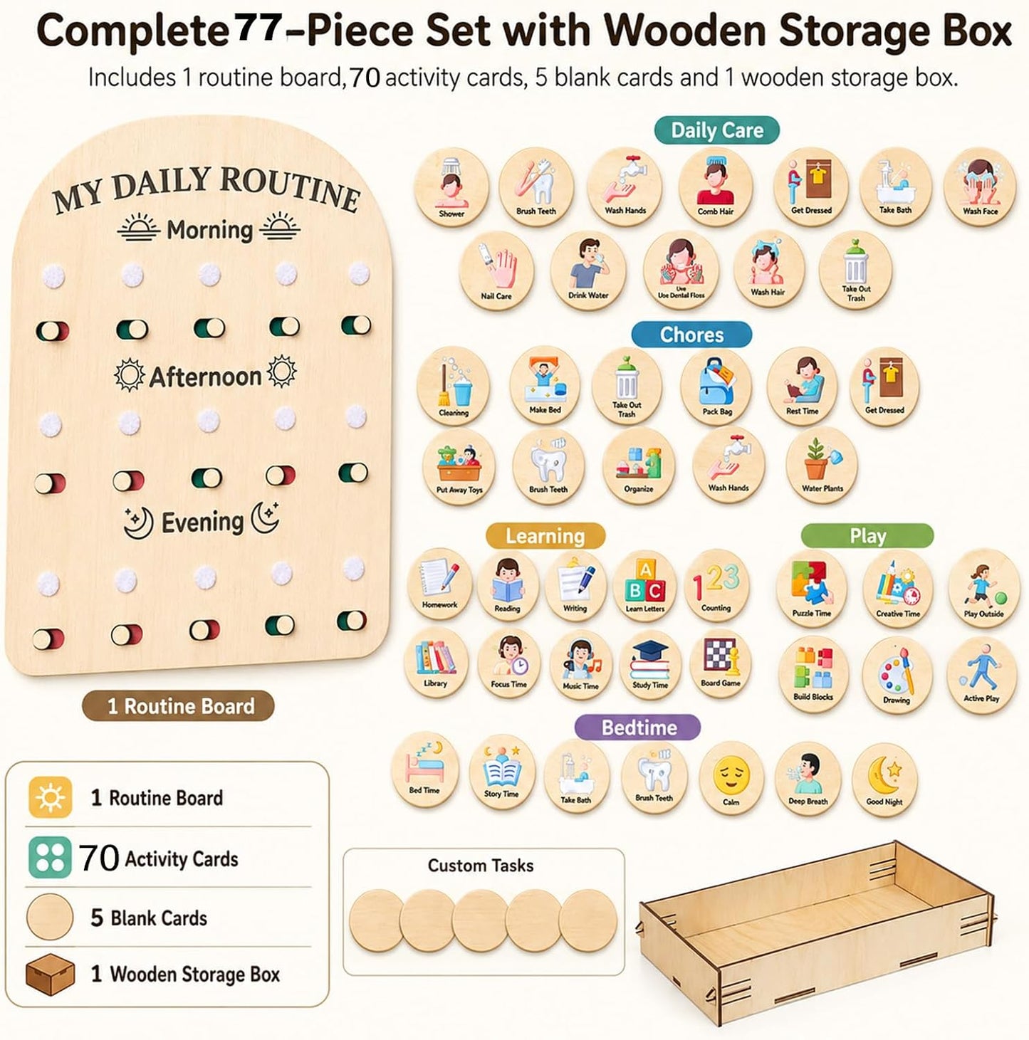 My Daily Routine Chart for Kids with Sliding Checklist – Wooden Visual Schedule Board for 3-5 Years Toddlers, Morning Afternoon Bedtime Activity Chore Chart for Independence Self Discipline