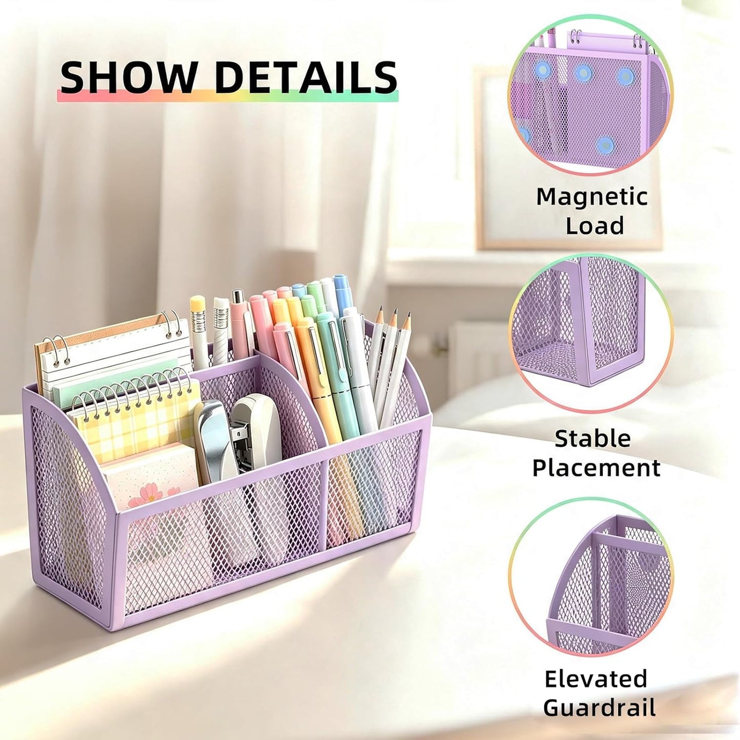 Magnetic Pencil Holder, Magnetic Organizer for Locker Accessories, Black | Mesh Marker Holder with Strong Magnets and 3 Compartments for Whiteboards Refrigerators and Magnetic Lockers